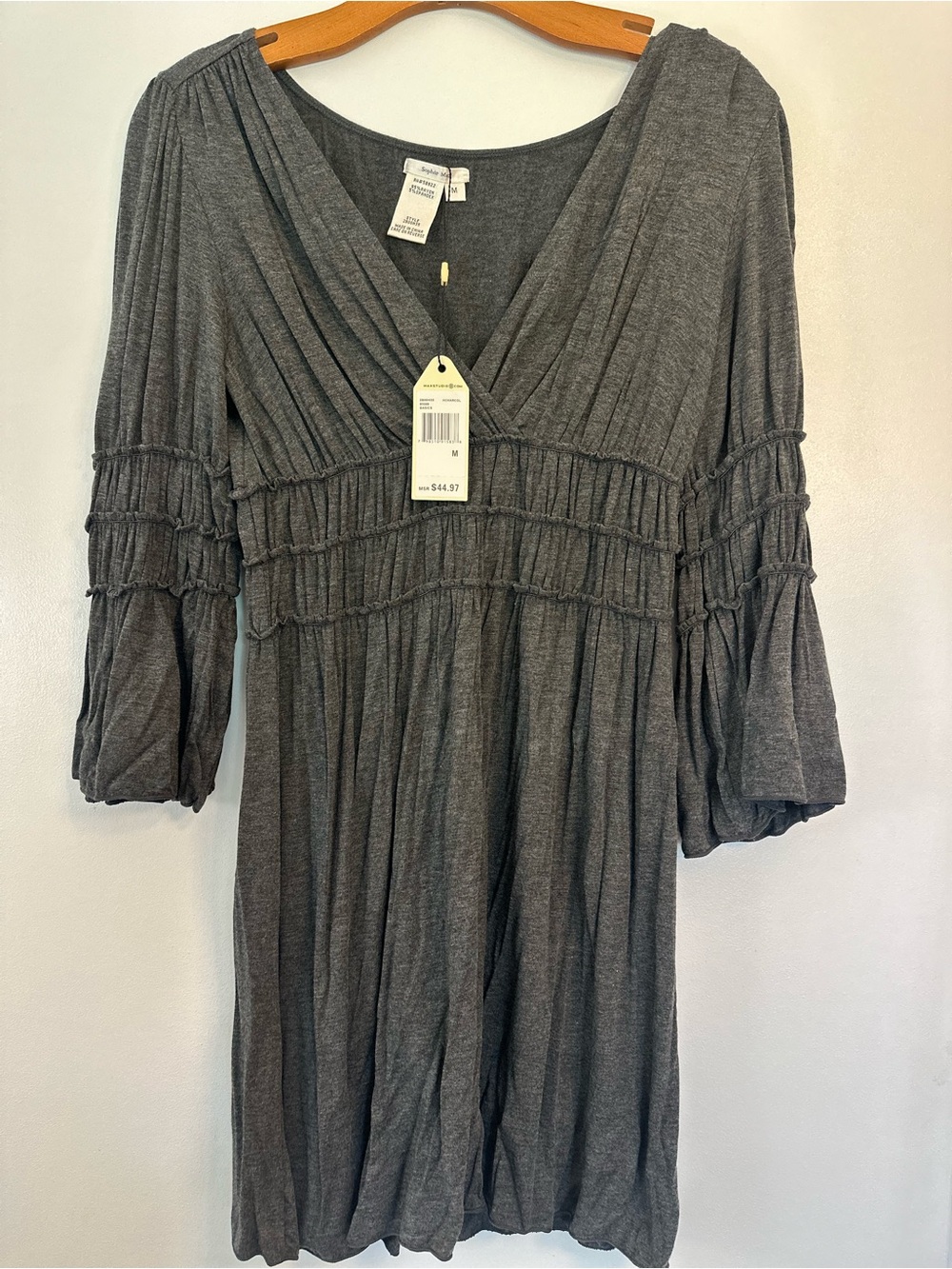 Sophie Max Charcoal Gray V-Neck Smocked Waist Long Sleeve Dress